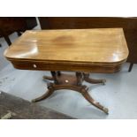 19th cent. Mahogany card table with boxwood inlay on four pillared supports with four splayed feet