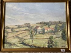 20th cent. Oil on canvas landscape with cottages, signed M. Boudier 78. 17ins. x 24ins.