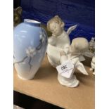 20th cent. Ceramics: Lladro Angel Dreaming figurine and Praying Angel. Copenhagen blue baluster vase