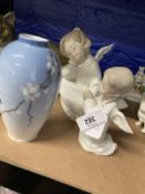 20th cent. Ceramics: Lladro Angel Dreaming figurine and Praying Angel. Copenhagen blue baluster vase