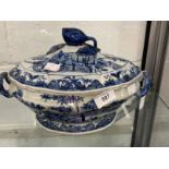 Chinese 18th cent. Blue and white porcelain shaped tureen and cover with a pomegranate handle to the