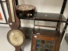 Late 19th cent. Oak smoker's wall hanging cabinet with shaped gallery top, coloured glass panel to