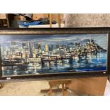 European School: Late 20th cent. Oil on board, city harbour scene at night, indistinct signature