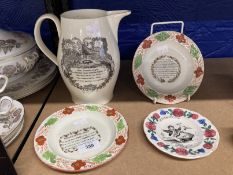 Pottery/Masonic: 19th cent. Creamware jug printed in black with Masonic emblems. 7¾ins. Plus three