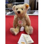 Toys: Steiff blonde mohair bear, yellow label to ear, round red/white label to chest, Made in