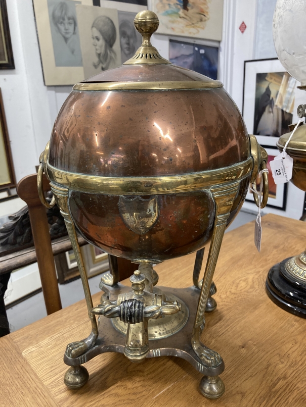 Early 20th cent. Brass oil lamp on a black porcelain mount, topped with a glass chimney and a - Image 2 of 3