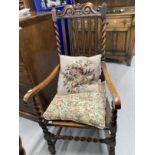 Early 20th cent. Harlequin set of five oak chairs, one armchair, two singles with leather seats, two