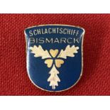 Militaria/Third Reich: Extremely rare enamel Bismarck lapel badge possibly a launch souvenir or an