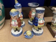19th cent. English Staffordshire Toby figural condiments, each figure standing with a mug bordered