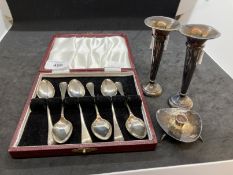 Hallmarked Silver: Art style candlestick mark Birmingham 1962-63, miniature trumpet vases Birmingham