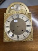Clocks: Longcase clock face brass and metal, three winding holes. 17¼ins. x 12¼ins.