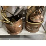 19th cent. & later copper and brassware includes helmet coal buckets x 2, kettle, candlesticks,