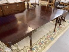 19th cent. Mahogany D end extending dining table reeded edge top on turned legs, two leaves
