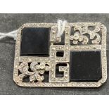 Art Deco 925 sterling brooch set with two black glass panels, two spinels and geometric