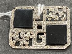 Art Deco 925 sterling brooch set with two black glass panels, two spinels and geometric