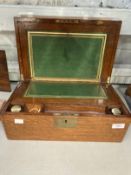 Edwardian oak writing box containing two inkwells, inlaid brass plaque to the top. 16ins. x 9¾ins. x