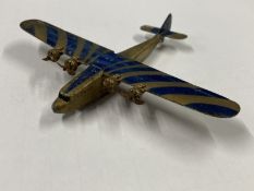 Toys: Die-Cast Dinky 60a Imperial Airways liner 1934-36, Glod/Blue. Bogey wheels missing, no box,