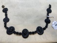 19th cent. Grand Tour cameo bracelet, black lava carved classical busts, three large 1½ins. x