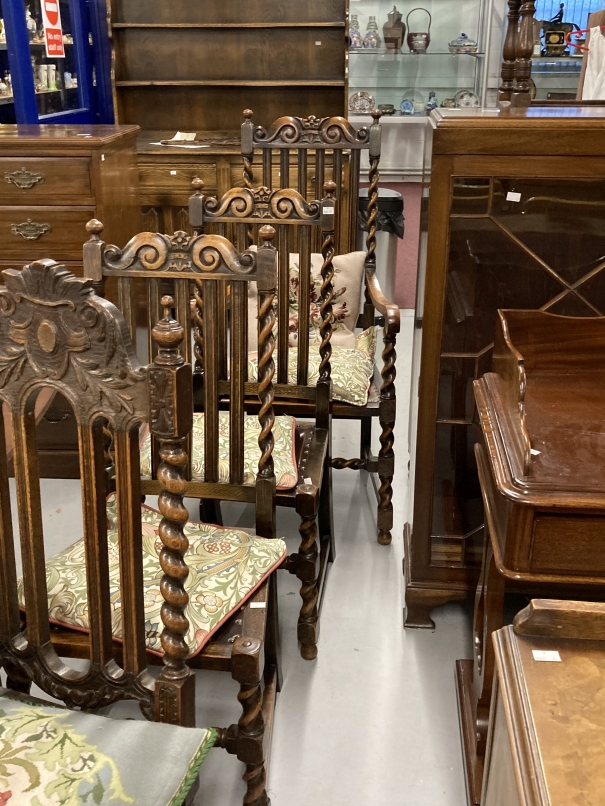 Early 20th cent. Harlequin set of five oak chairs, one armchair, two singles with leather seats, two - Image 3 of 4