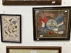 Late 19th cent. Sailorwork wool picture, a central panel with ship surrounded by flags, framed and