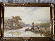 Walter Stuart Lloyd (1845-1959): Watercolour on paper, river landscape with figures and boats,
