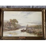 Walter Stuart Lloyd (1845-1959): Watercolour on paper, river landscape with figures and boats,