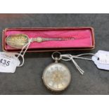 Hallmarked Silver: Edward VII 1902 Coronation spoon in original case and a pocket watch stamped fine