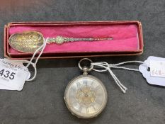 Hallmarked Silver: Edward VII 1902 Coronation spoon in original case and a pocket watch stamped fine