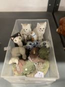 20th cent. Ceramics: Quarry Critters Cat, Staffordshire style cats on blue cushions, white