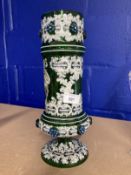 Glassware: 19th cent. Bohemian enamelled glass vase, the cylindrical green body painted with knights