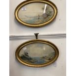 T.I. Hallett: 19th cent. Watercolours on paper, oval form, sailing boats in a coastal scene, both