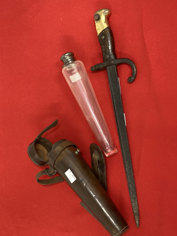 Militaria: Early 20th cent. Officers flask in a leather case and a 19th century bayonet 17¾ins. - Image 2 of 2