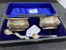 Hallmarked Silver: Pair of silver salts with gilt insides, gadroon borders, having scroll and floral