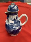 18th cent. Chinese export blue and white coffee pot and cover with building and landscape decoration