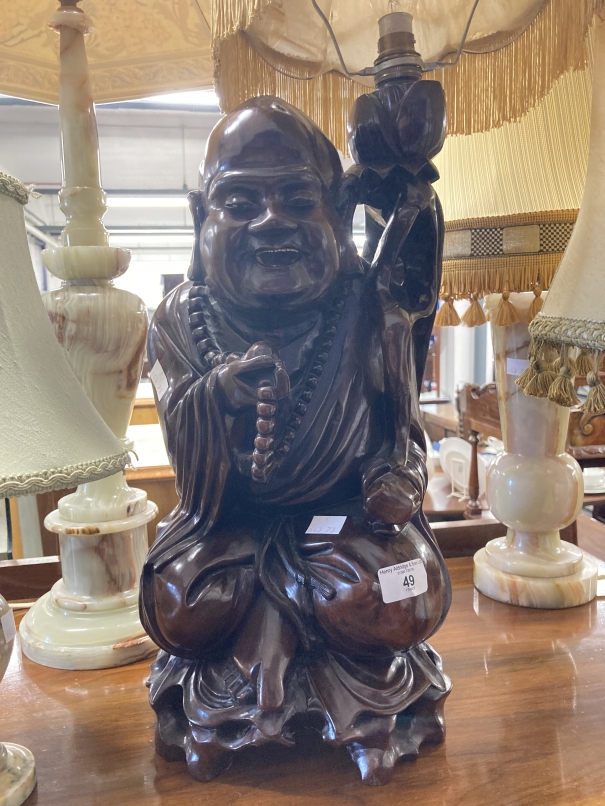 Lighting: 20th cent. Chinese hardwood carved figure of a Buddha forming a lamp. Height 17½ins. - Image 2 of 3