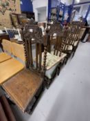 Early 20th cent. Harlequin set of five oak chairs, one armchair, two singles with leather seats, two