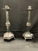 19th cent. Brass silver plated Gothic Revival candlesticks, octagonal columns with pierced centre