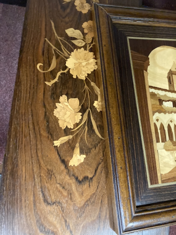 Treen marquetry Italian inlaid wood plaque of flowers. 26½ins. x 8¼ins. Two smaller plaques inlaid - Image 3 of 3