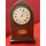 Clocks: 20th cent. Mahogany mantle clock with inset shell decoration.