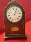 Clocks: 20th cent. Mahogany mantle clock with inset shell decoration.