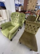 Late Victorian green upholstered chairs, two arms with button backs, a small armchair and a