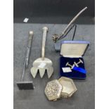 Silver Plate: Cake slice, box, pair of cufflinks, pointer with stand and pipe with stand. (6)