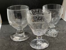 18th/19th cent. Glass rummers all with diamond point engraving, one inscribed for Thomas and Susy