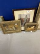 Continental School: Oil on card, dog and chickens, indistinctly signed lower left, framed. 5ins. x