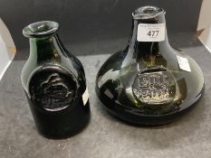 Green glass onion bottle with seal 1947-1972 Silver Wedding with pontil base, and a green glass