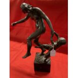 August Schreitmuller (b.1871): Late 19th cent. Bronze figural group of a Nymph and Satyr raised on a