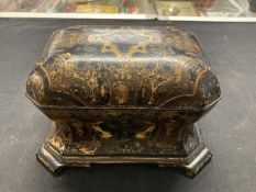 19th cent. Jennings & Betteridge chinoiserie bomb shaped tea caddy, papier mache black lacquer and