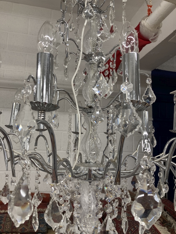 20th cent. Chromed glass twelve lamp chandelier. - Image 2 of 2