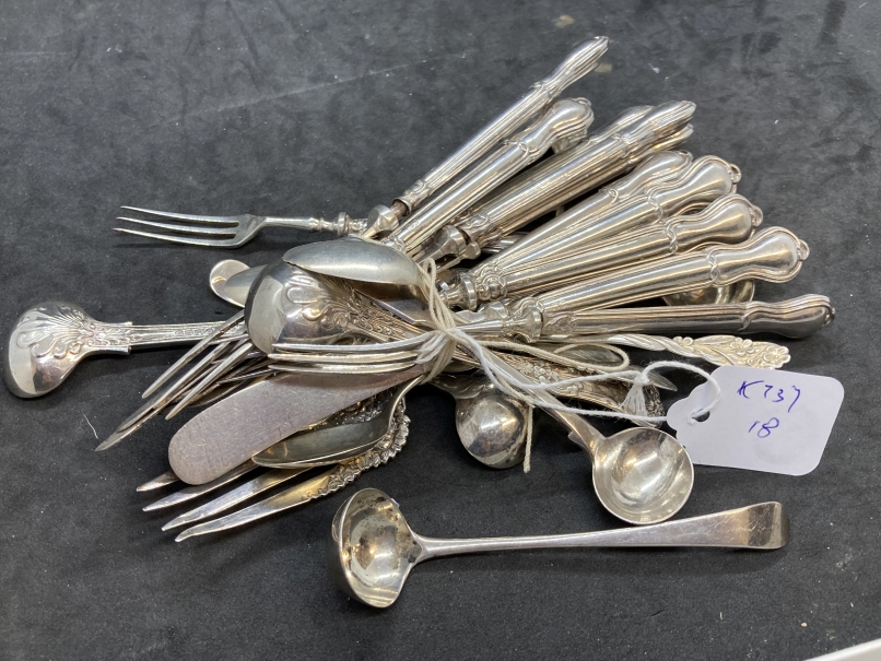 Hallmarked Silver: Flatware, fruit knives and forks plus cream ladles, various hallmarks. Total