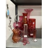 Glass: 19th cent. Cranberry glass, three jugs, large goblet and six vases. (10)